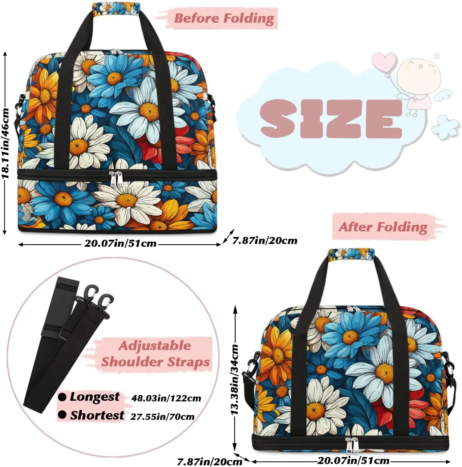 Colorful Flower Printing Fancy Travel Duffle Bag, Collapsible Travel Bag Sports Gym Bag With Shoes Compartment Weekender Bag Overnight Bag For Women Men