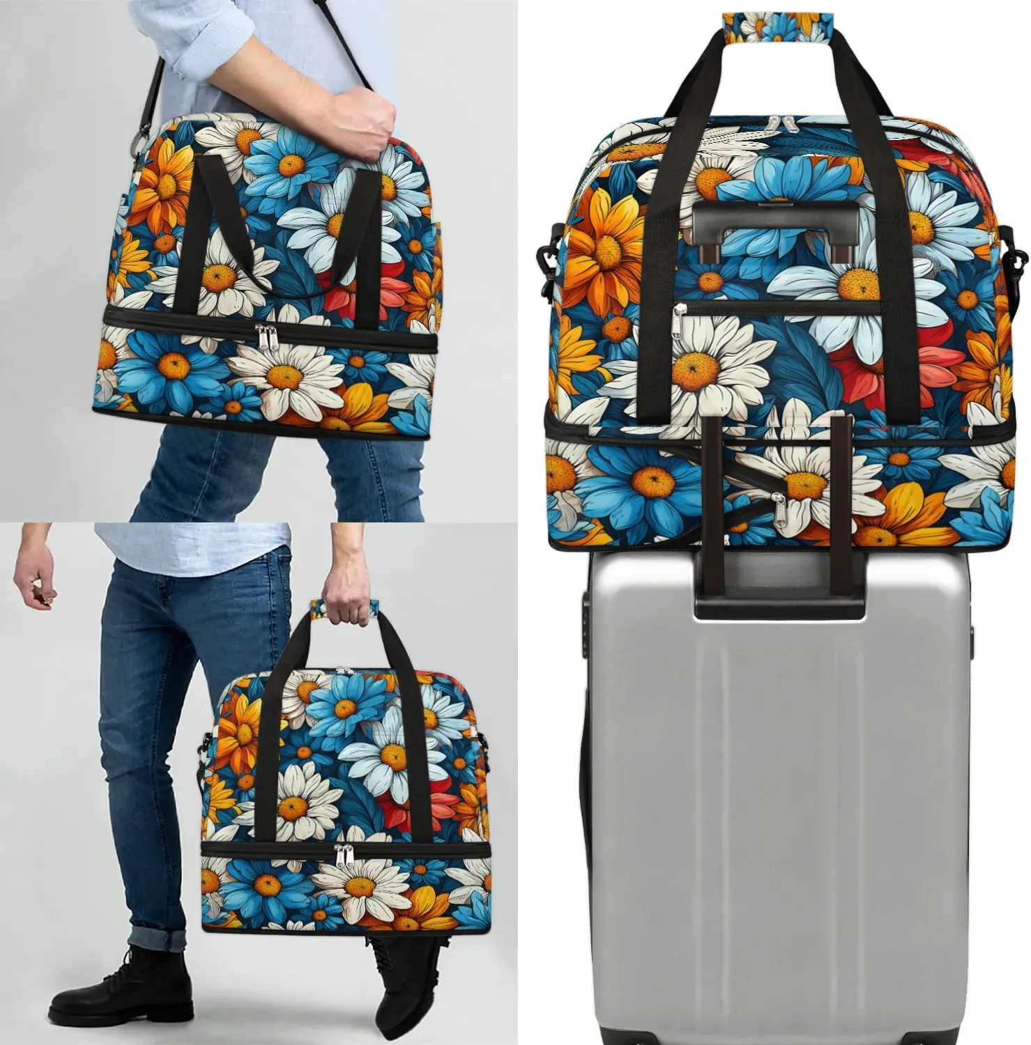 Colorful Flower Printing Fancy Travel Duffle Bag, Collapsible Travel Bag Sports Gym Bag With Shoes Compartment Weekender Bag Overnight Bag For Women Men