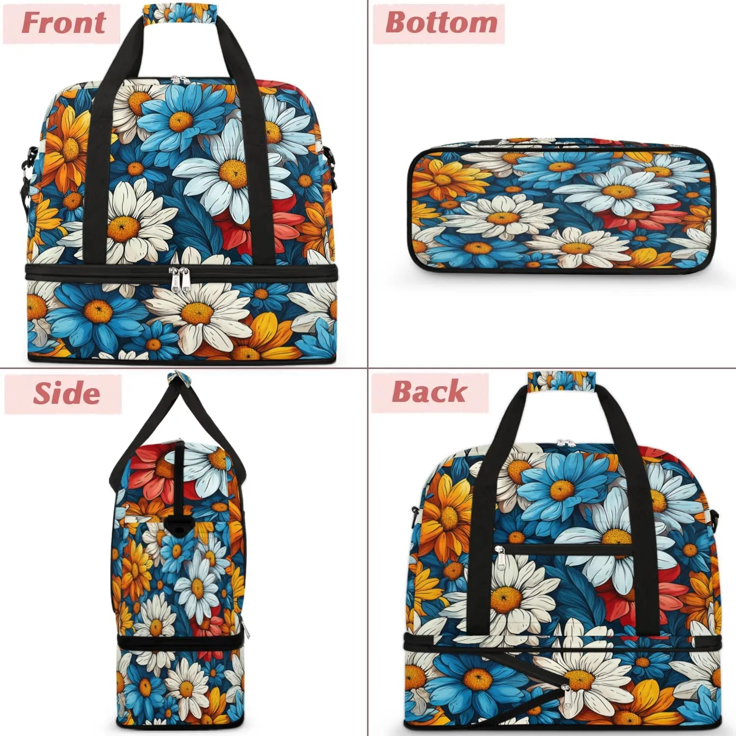Colorful Flower Printing Fancy Travel Duffle Bag, Collapsible Travel Bag Sports Gym Bag With Shoes Compartment Weekender Bag Overnight Bag For Women Men