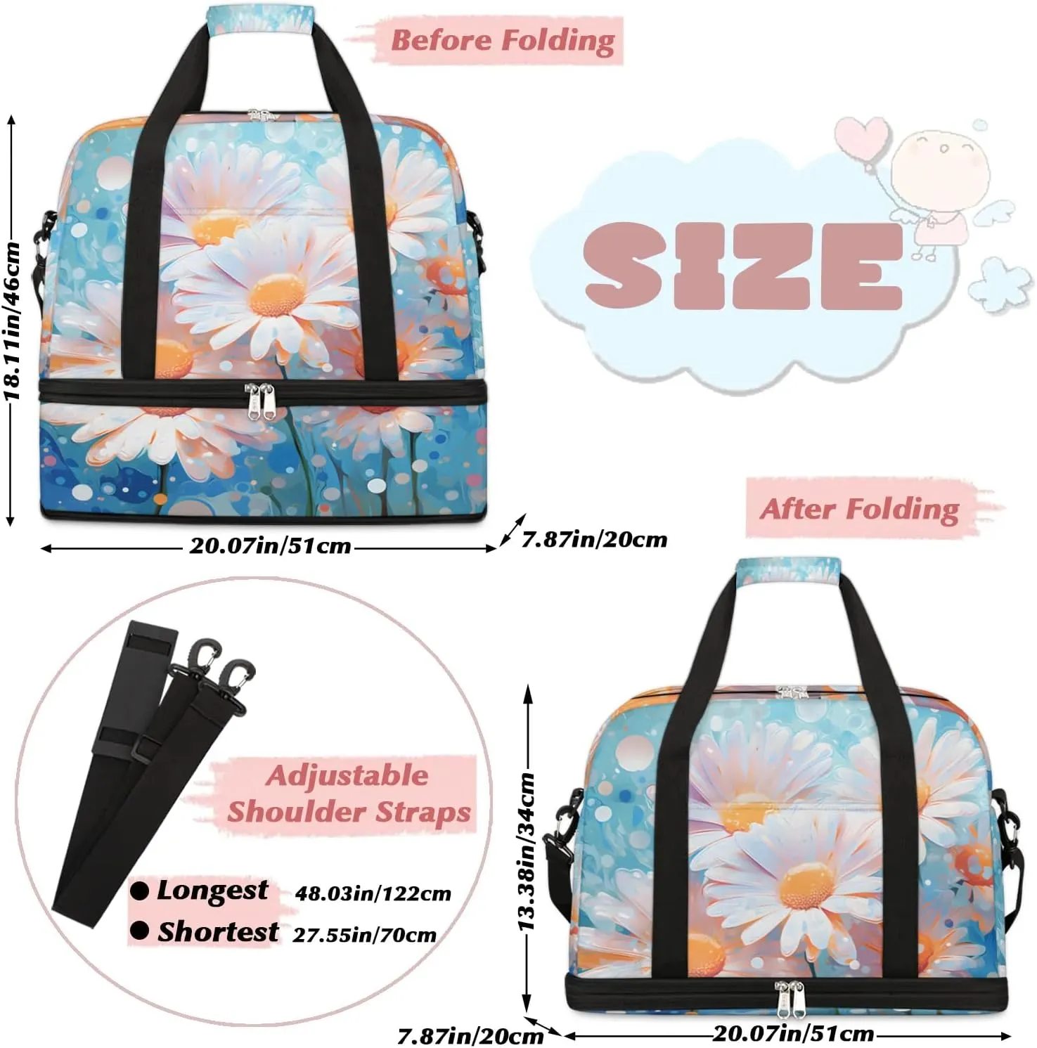 Colorful Patterns Retro Flora Travel Duffle Bag, Collapsible Travel Bag Sports Gym Bag With Shoes Compartment Weekender Bag Overnight Bag For Women Men