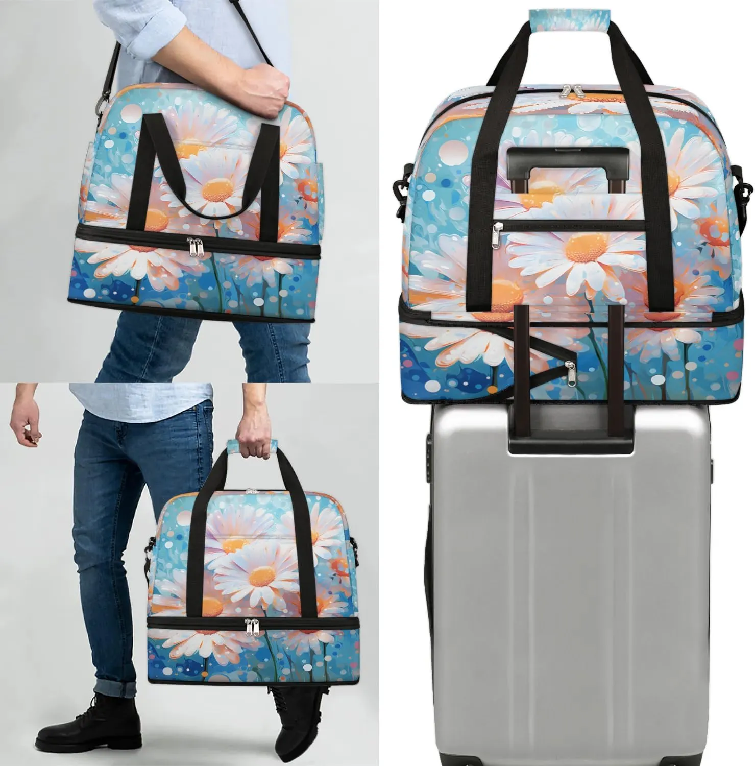 Colorful Patterns Retro Flora Travel Duffle Bag, Collapsible Travel Bag Sports Gym Bag With Shoes Compartment Weekender Bag Overnight Bag For Women Men