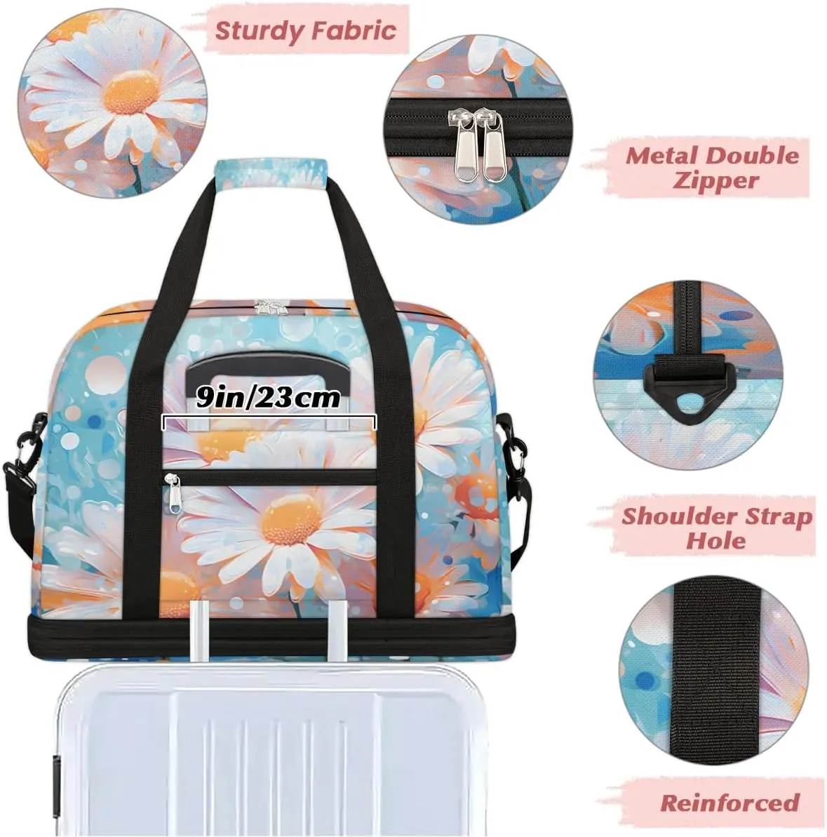 Colorful Patterns Retro Flora Travel Duffle Bag, Collapsible Travel Bag Sports Gym Bag With Shoes Compartment Weekender Bag Overnight Bag For Women Men