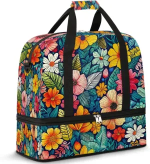 Colorful Retro Patterns Flowers Travel Duffle Bag, Collapsible Travel Bag Sports Gym Bag With Shoes Compartment Weekender Bag Overnight Bag For Women Men