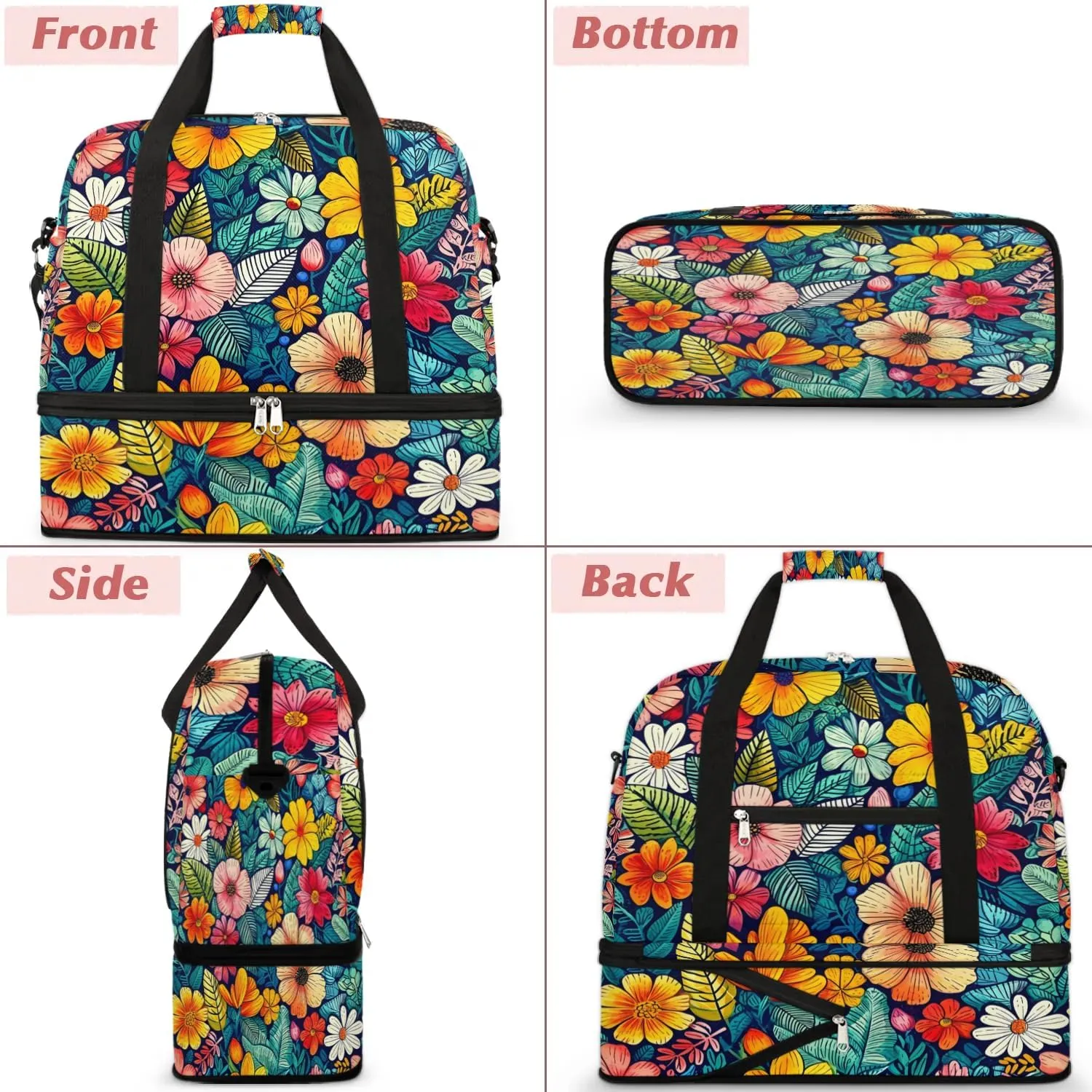 Colorful Retro Patterns Flowers Travel Duffle Bag, Collapsible Travel Bag Sports Gym Bag With Shoes Compartment Weekender Bag Overnight Bag For Women Men