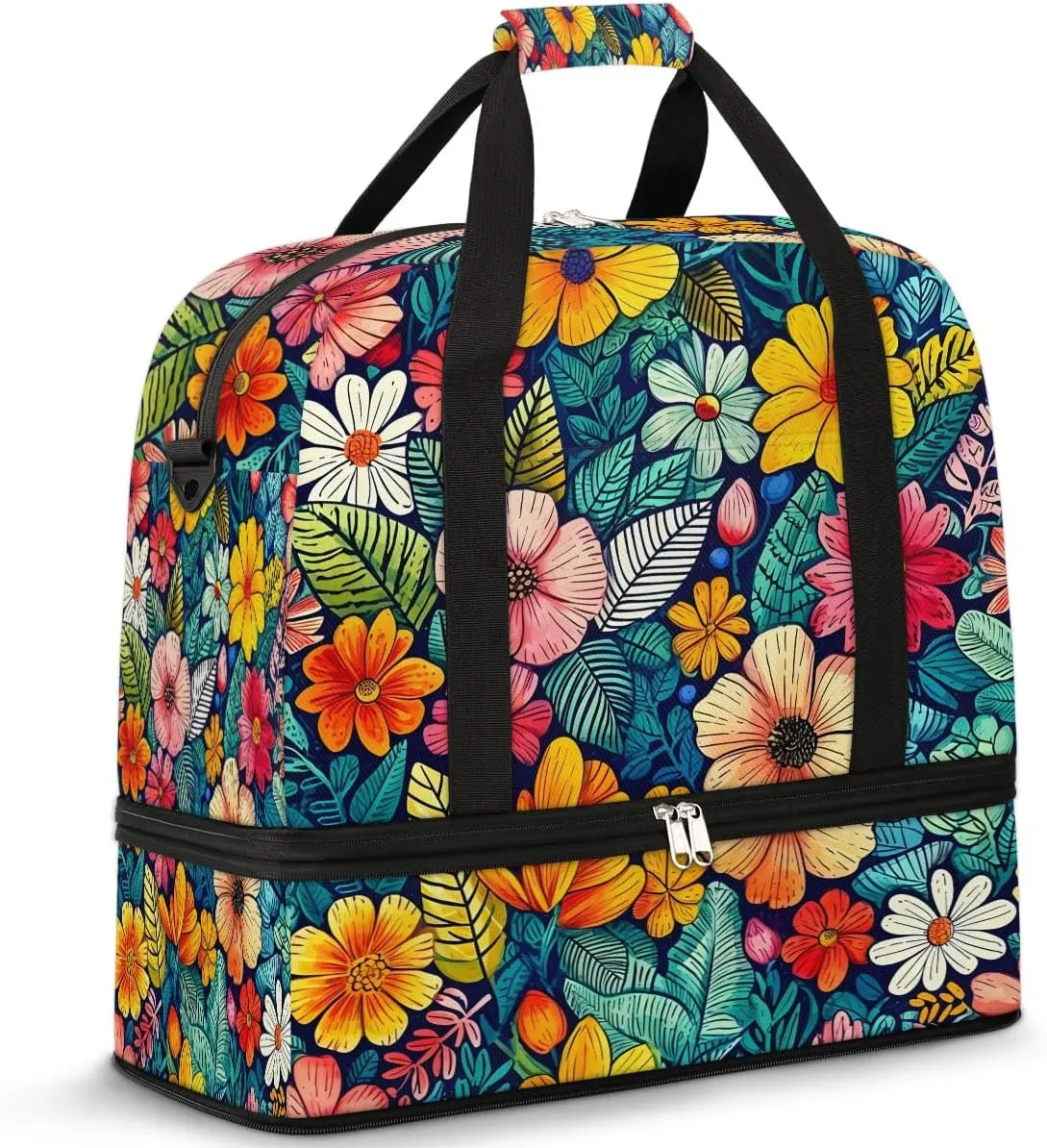 Colorful Retro Patterns Flowers Travel Duffle Bag, Collapsible Travel Bag Sports Gym Bag With Shoes Compartment Weekender Bag Overnight Bag For Women Men