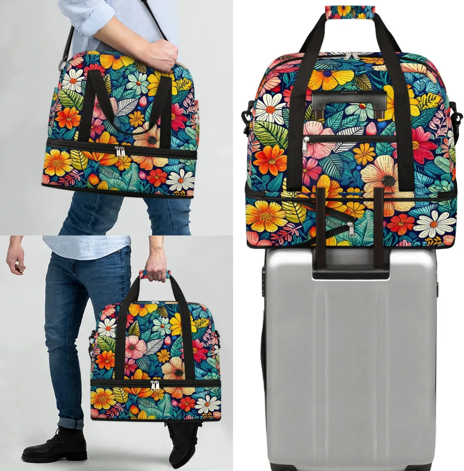 Colorful Retro Patterns Flowers Travel Duffle Bag, Collapsible Travel Bag Sports Gym Bag With Shoes Compartment Weekender Bag Overnight Bag For Women Men