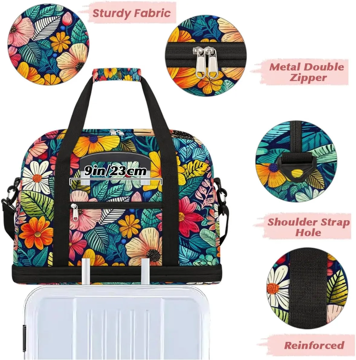 Colorful Retro Patterns Flowers Travel Duffle Bag, Collapsible Travel Bag Sports Gym Bag With Shoes Compartment Weekender Bag Overnight Bag For Women Men