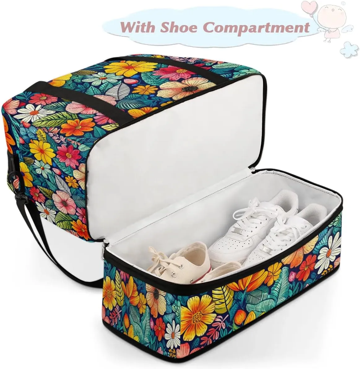 Colorful Retro Patterns Flowers Travel Duffle Bag, Collapsible Travel Bag Sports Gym Bag With Shoes Compartment Weekender Bag Overnight Bag For Women Men