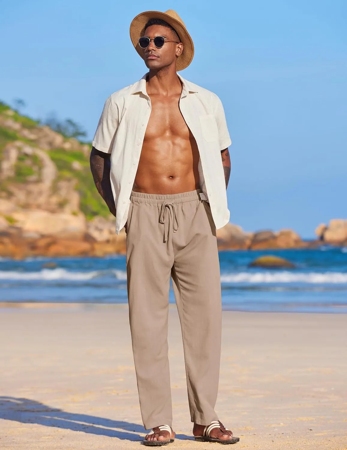 COOFANDY Men's Casual Linen Summer Beach Pants Lightweight Drawstring Elastic Waist Yoga Trousers