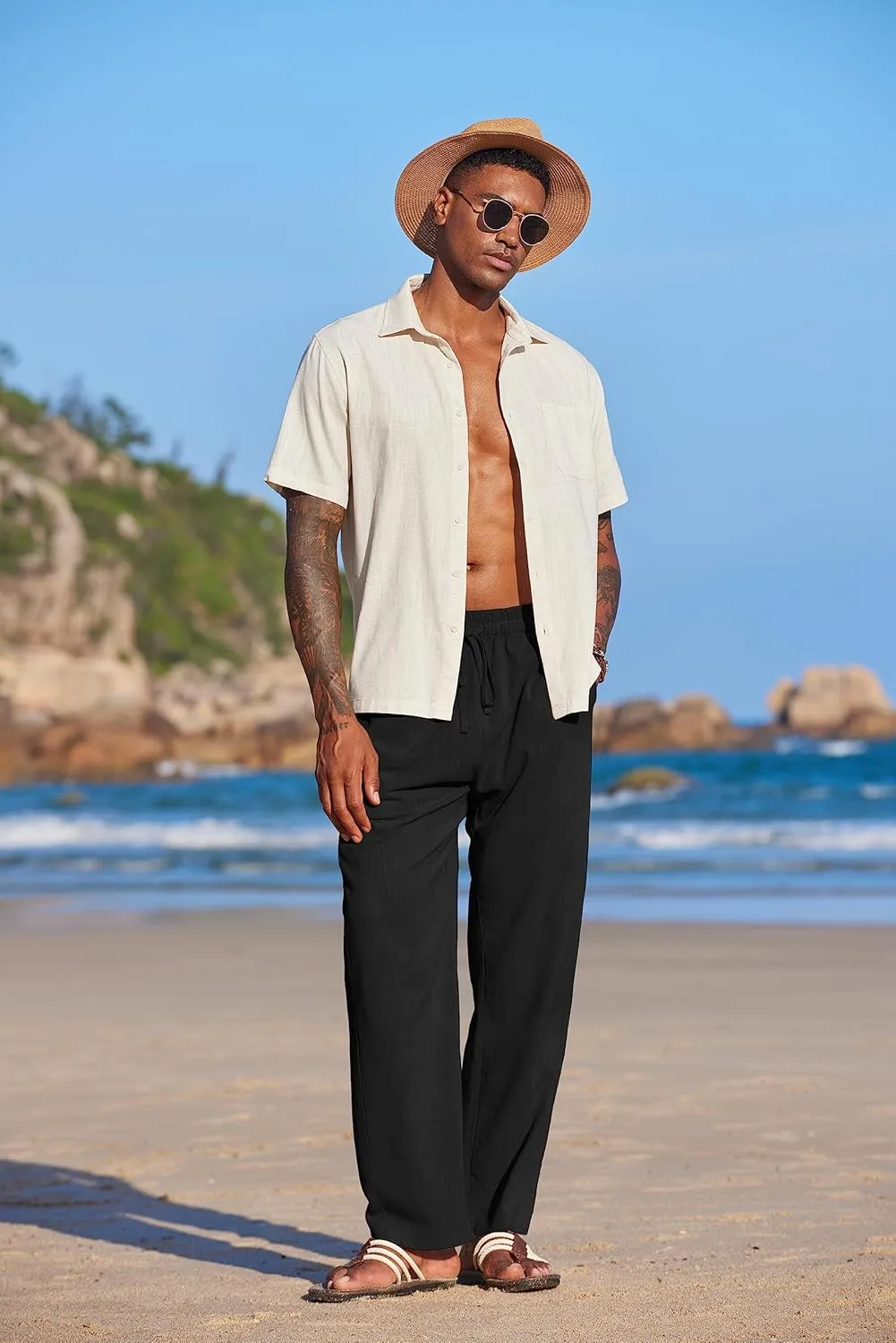 COOFANDY Men's Casual Linen Summer Beach Pants Lightweight Drawstring Elastic Waist Yoga Trousers