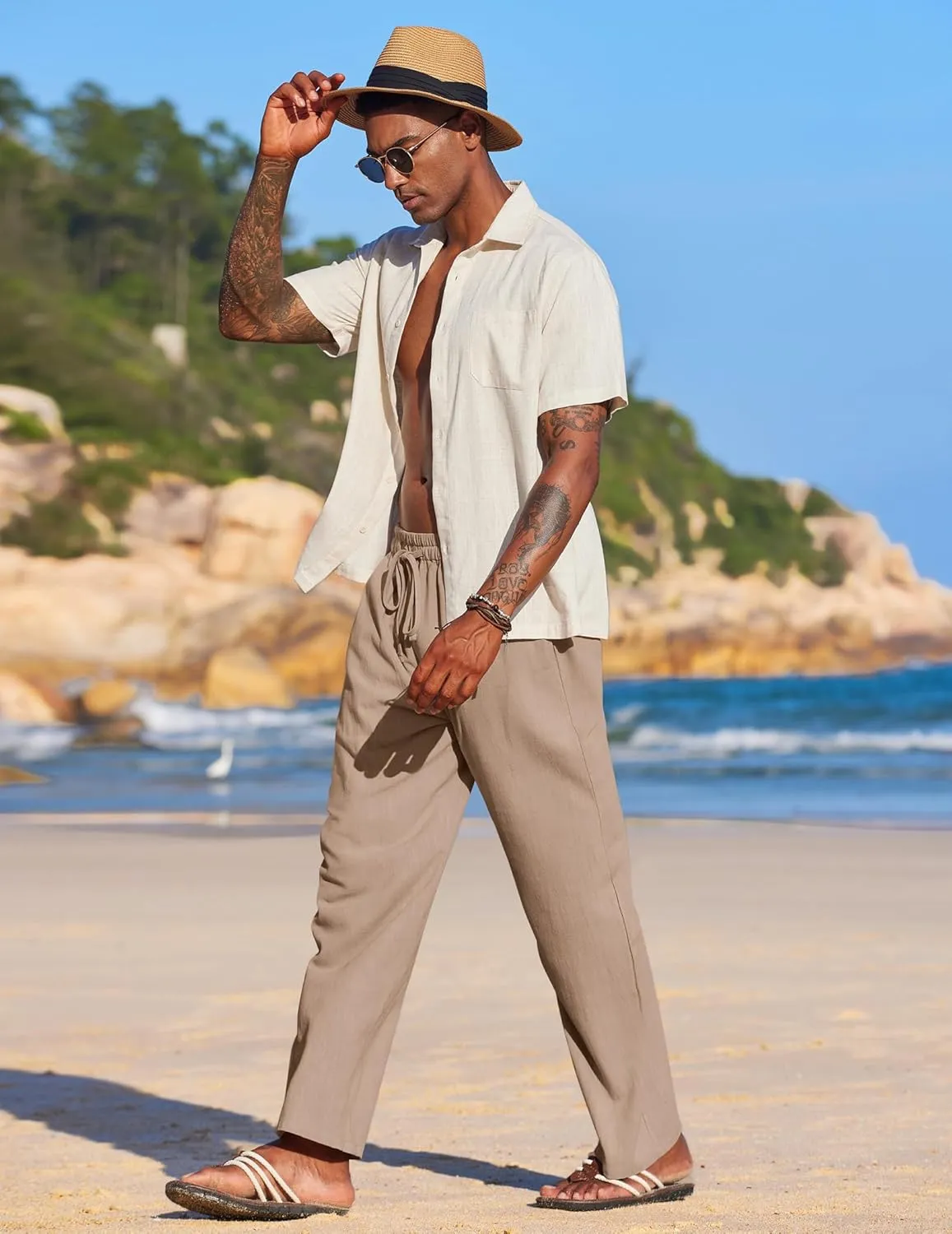 COOFANDY Men's Casual Linen Summer Beach Pants Lightweight Drawstring Elastic Waist Yoga Trousers