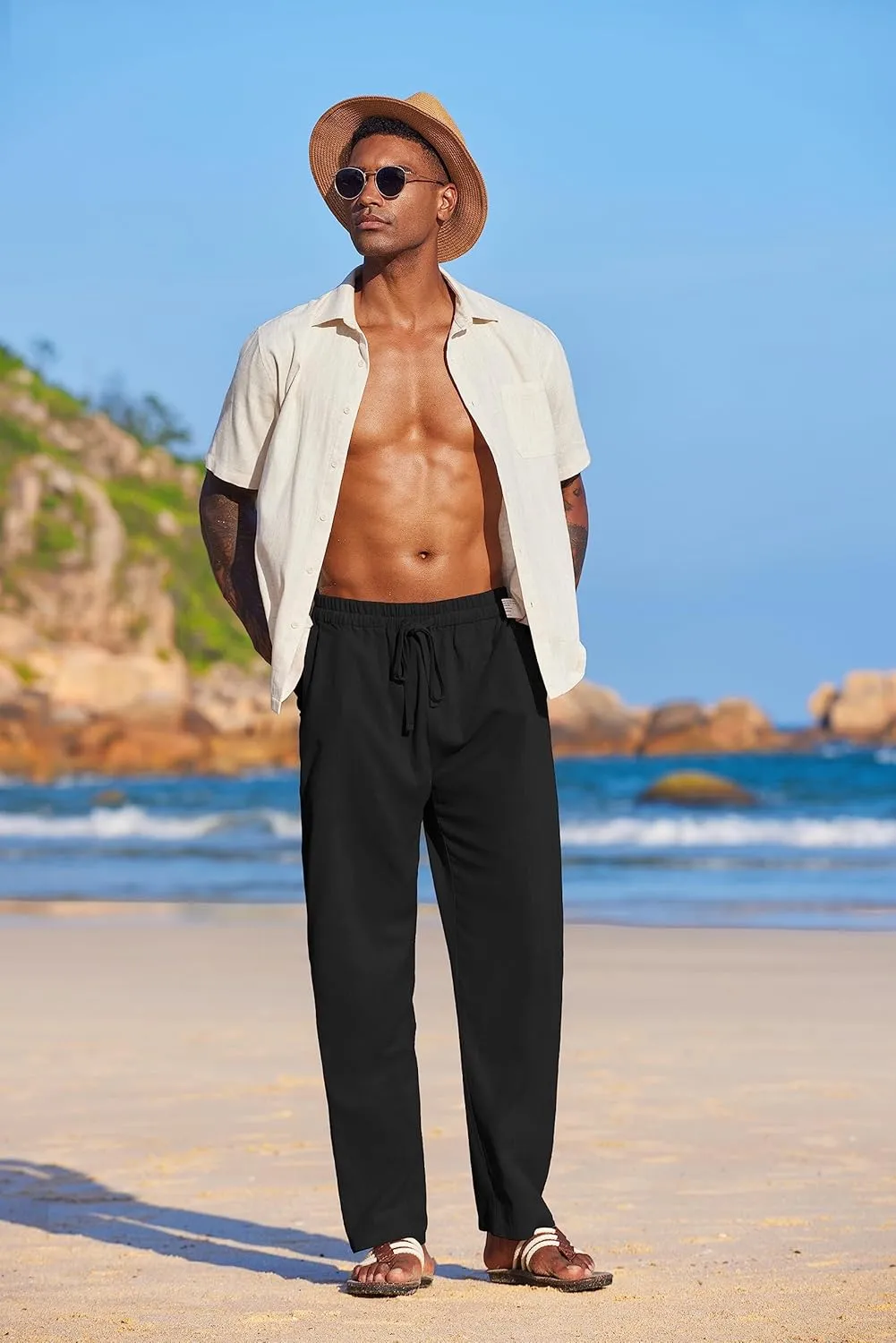 COOFANDY Men's Casual Linen Summer Beach Pants Lightweight Drawstring Elastic Waist Yoga Trousers