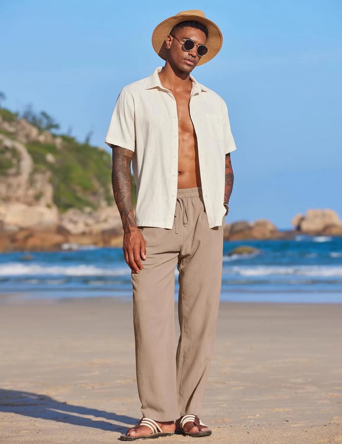 COOFANDY Men's Casual Linen Summer Beach Pants Lightweight Drawstring Elastic Waist Yoga Trousers