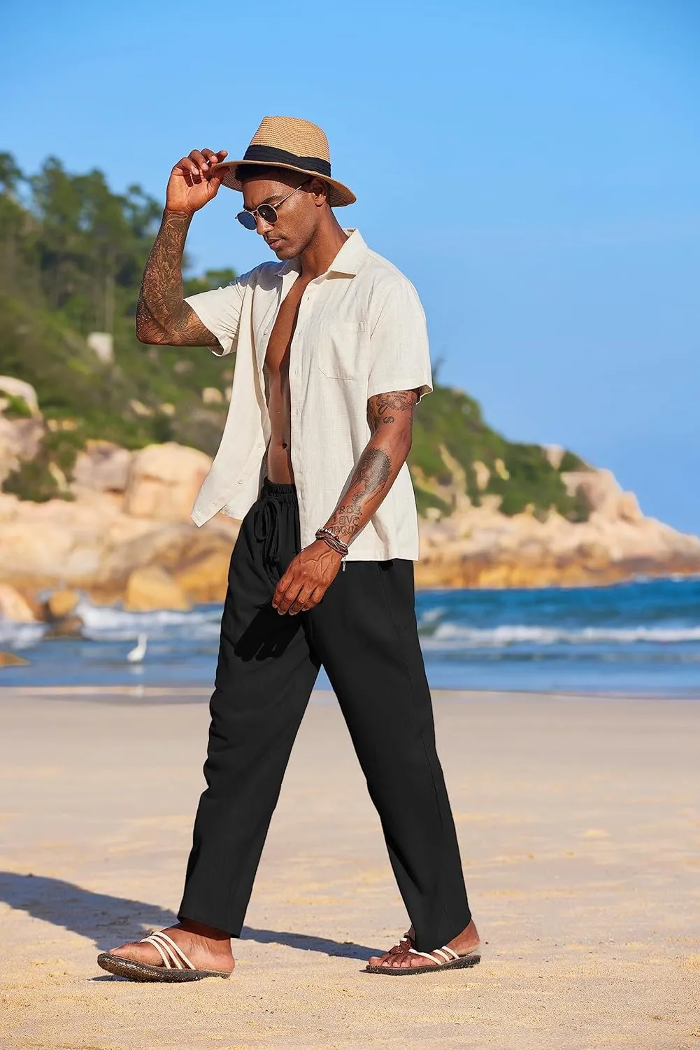 COOFANDY Men's Casual Linen Summer Beach Pants Lightweight Drawstring Elastic Waist Yoga Trousers