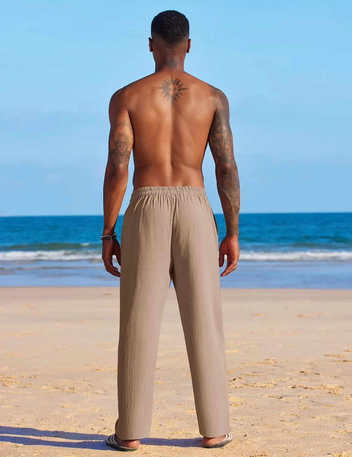 COOFANDY Men's Casual Linen Summer Beach Pants Lightweight Drawstring Elastic Waist Yoga Trousers