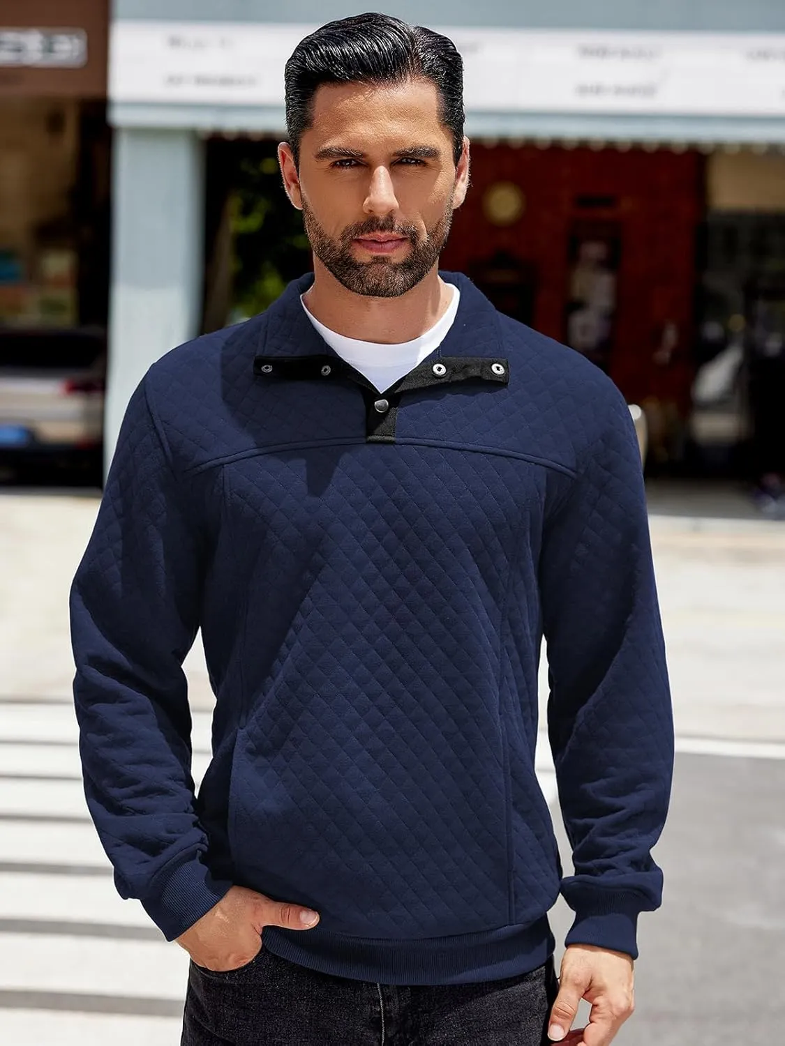 COOFANDY Mens Quarter Sweatshirt Quilted Long Sleeve Mock Neck Active Sweater Waffle Pullover Polo Shirts With Pockets
