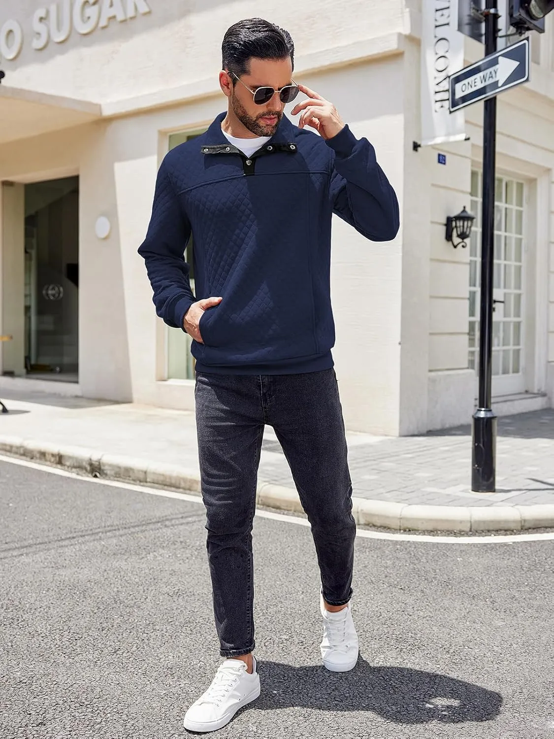 COOFANDY Mens Quarter Sweatshirt Quilted Long Sleeve Mock Neck Active Sweater Waffle Pullover Polo Shirts With Pockets