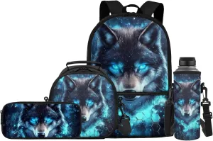 Cool Wolf Kids School Bag for Girls Boys Backpack with Lunch Box and Water Bottle Holder 4 Piece School Daypack for Travel Hiking Picnic Back to School Accessories