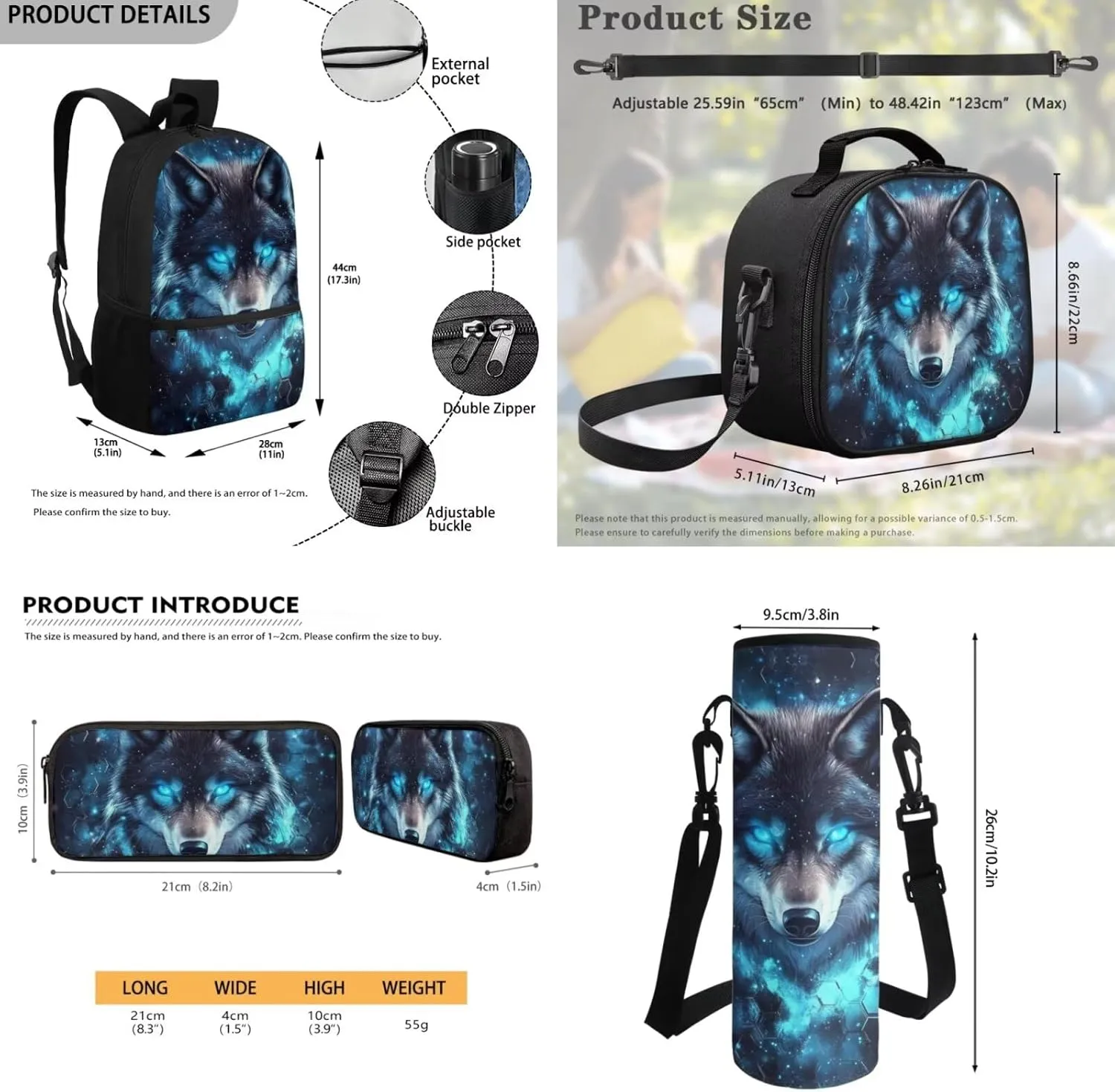 Cool Wolf Kids School Bag for Girls Boys Backpack with Lunch Box and Water Bottle Holder 4 Piece School Daypack for Travel Hiking Picnic Back to School Accessories
