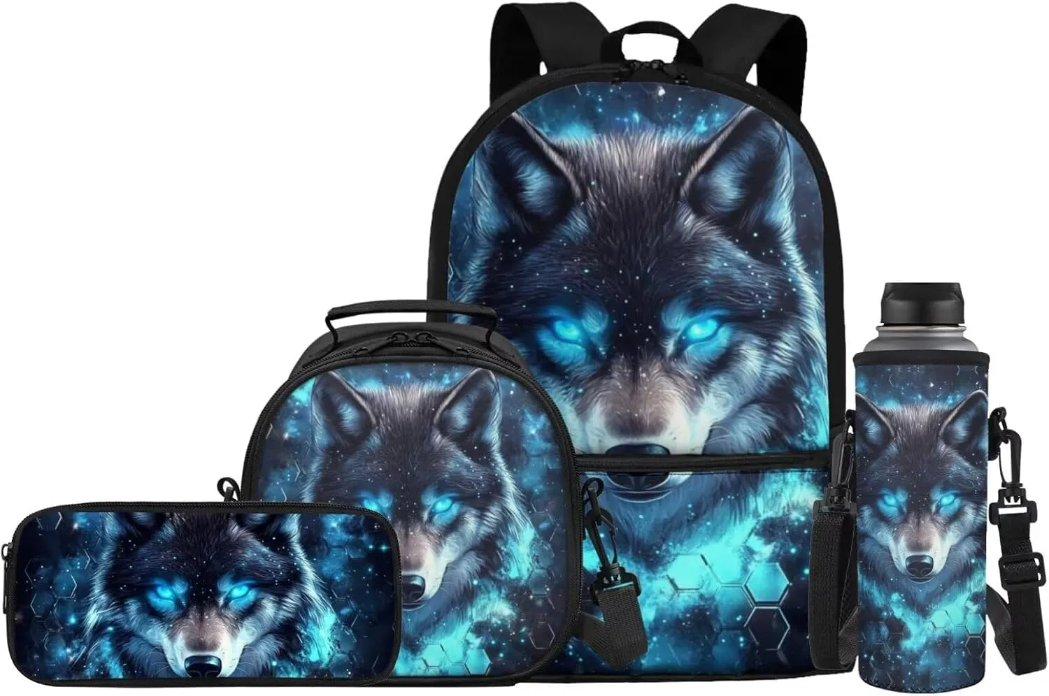 Cool Wolf Kids School Bag for Girls Boys Backpack with Lunch Box and Water Bottle Holder 4 Piece School Daypack for Travel Hiking Picnic Back to School Accessories