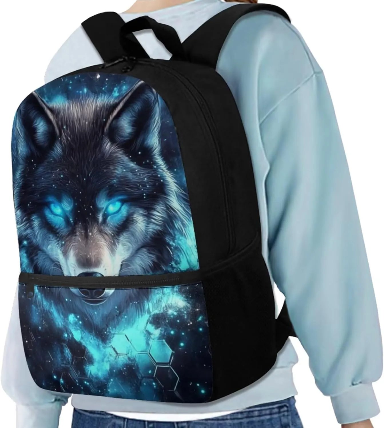 Cool Wolf Kids School Bag for Girls Boys Backpack with Lunch Box and Water Bottle Holder 4 Piece School Daypack for Travel Hiking Picnic Back to School Accessories