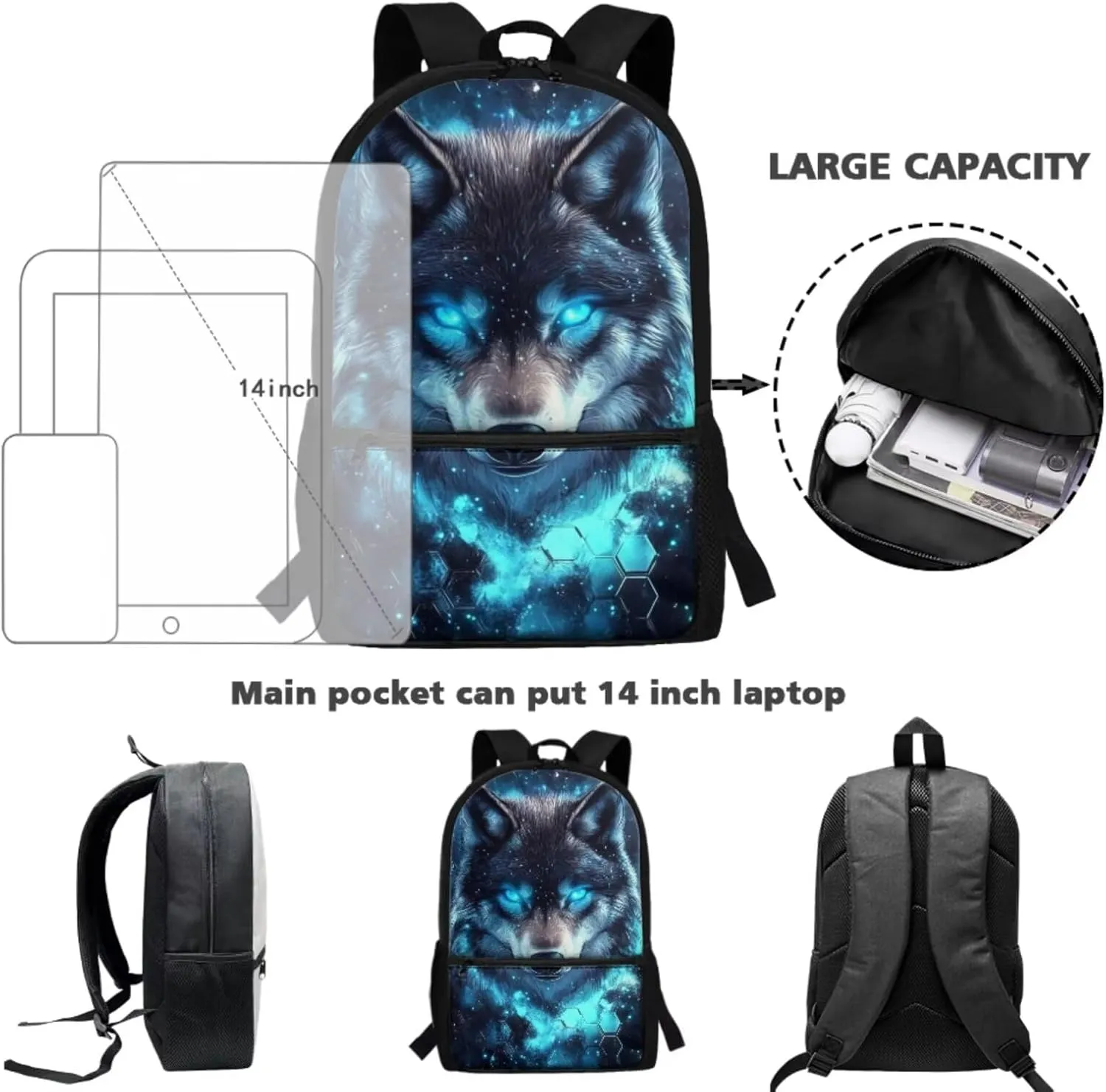 Cool Wolf Kids School Bag for Girls Boys Backpack with Lunch Box and Water Bottle Holder 4 Piece School Daypack for Travel Hiking Picnic Back to School Accessories