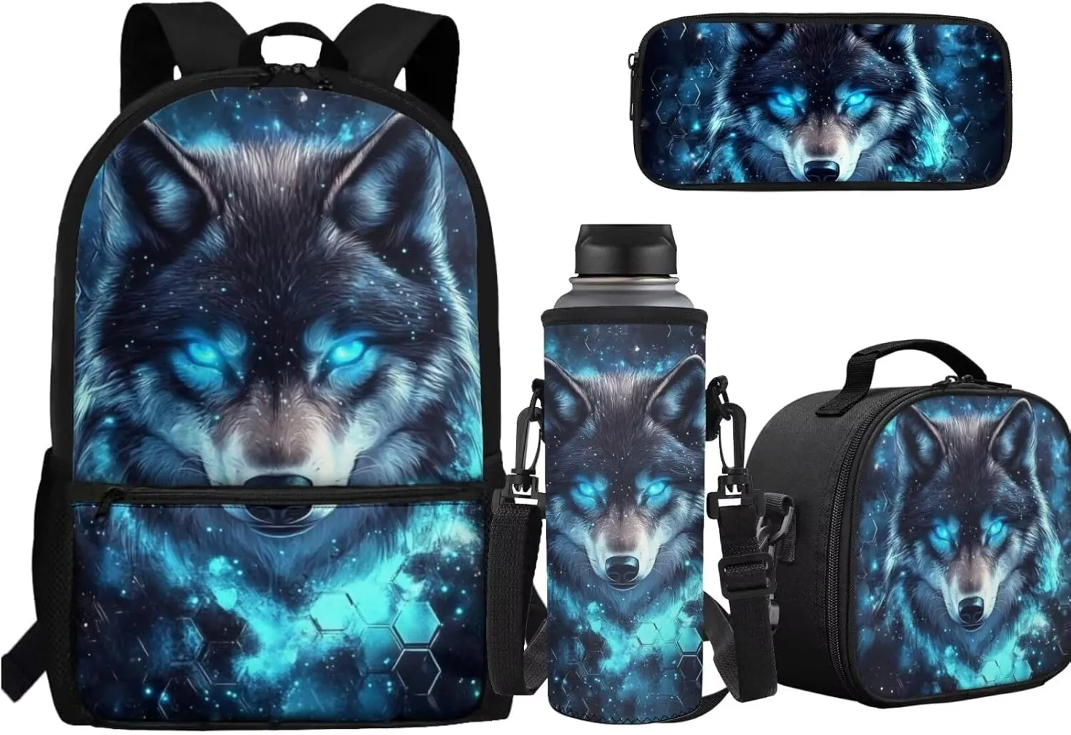 Cool Wolf Kids School Bag for Girls Boys Backpack with Lunch Box and Water Bottle Holder 4 Piece School Daypack for Travel Hiking Picnic Back to School Accessories