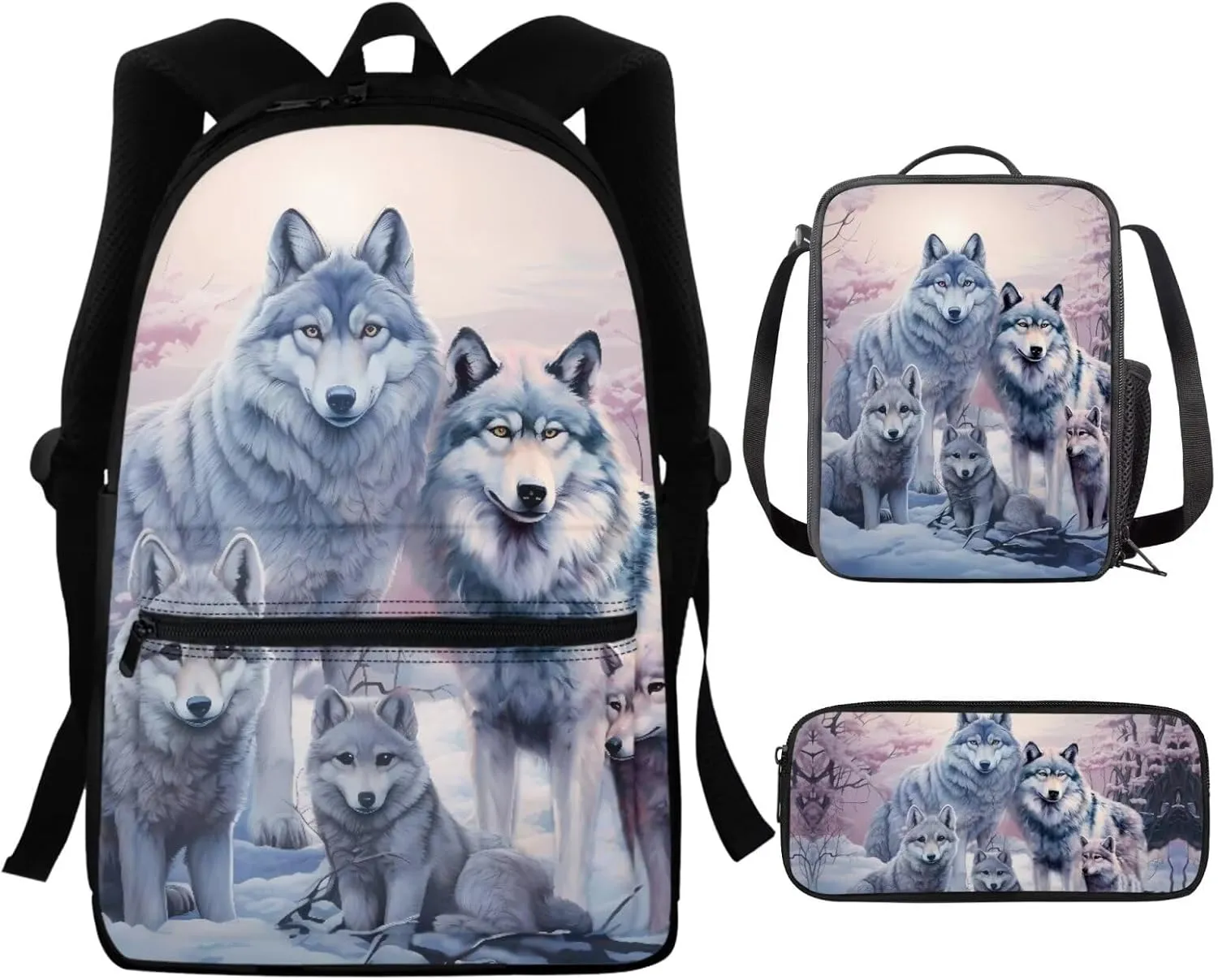Cool Wolf School Bags for Boys 8-12 Kids Backpack and Lunch Bag Set Pencil Case Elementary Middle School Bookbag Teen School Bag With Water Bottle Holder 16 Inch Back Pack Purple
