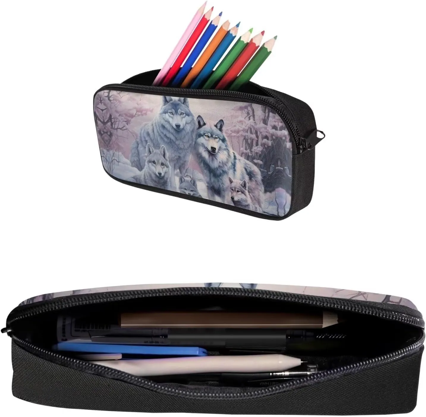 Cool Wolf School Bags for Boys 8-12 Kids Backpack and Lunch Bag Set Pencil Case Elementary Middle School Bookbag Teen School Bag With Water Bottle Holder 16 Inch Back Pack Purple