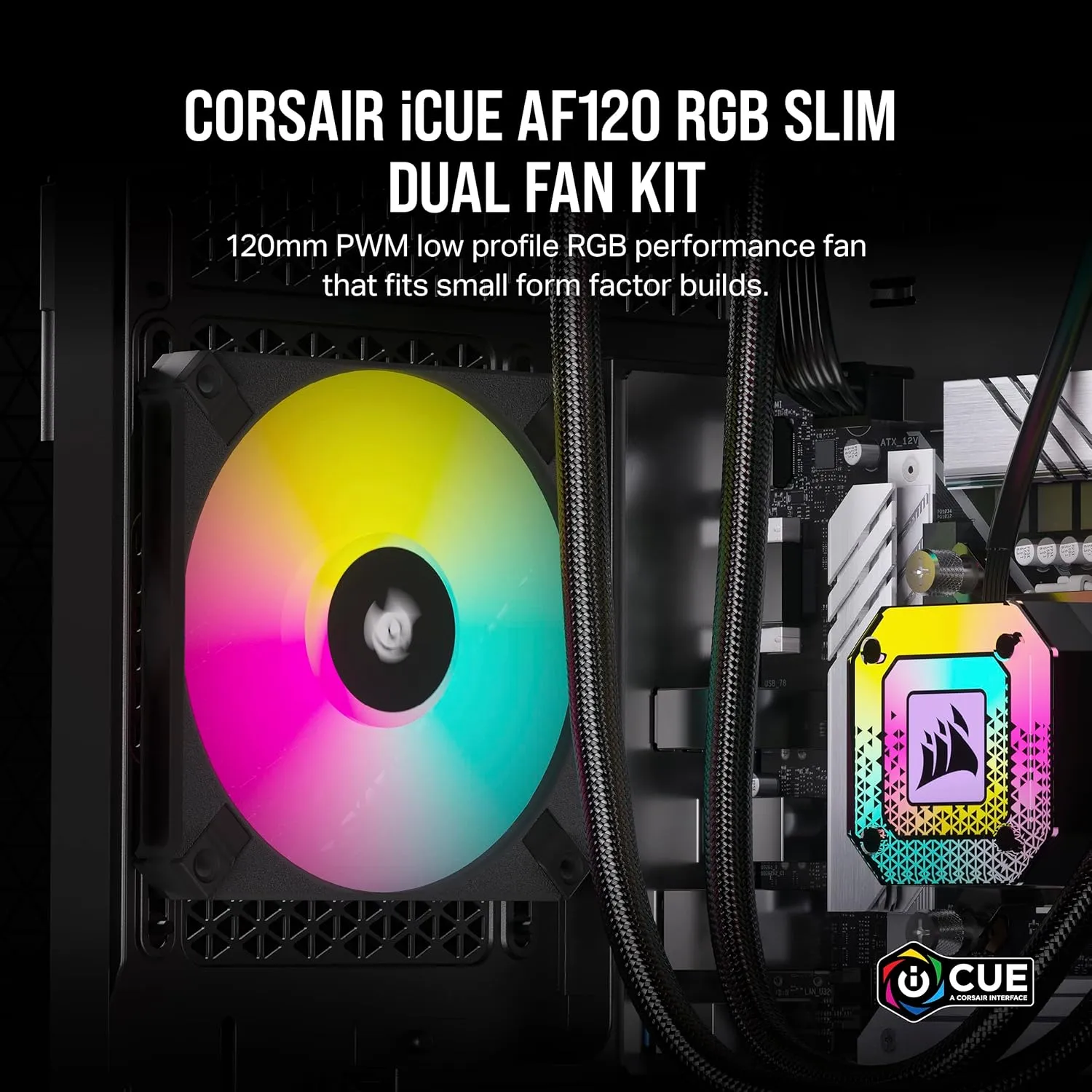 Corsair AF120 RGB Slim, 120mm PWM Fluid Dynamic Bearing Fan Kit - Thin Profile for Small-Form Cases - Low-Noise - Up to 2000 RPM - 8 Addressable RGB LEDs - Dual Pack with Lighting Node CORE - Black