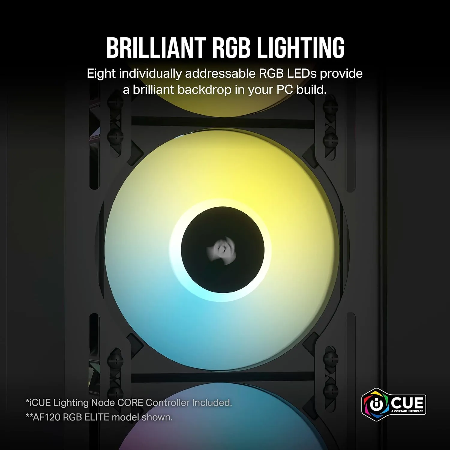 Corsair AF120 RGB Slim, 120mm PWM Fluid Dynamic Bearing Fan Kit - Thin Profile for Small-Form Cases - Low-Noise - Up to 2000 RPM - 8 Addressable RGB LEDs - Dual Pack with Lighting Node CORE - Black