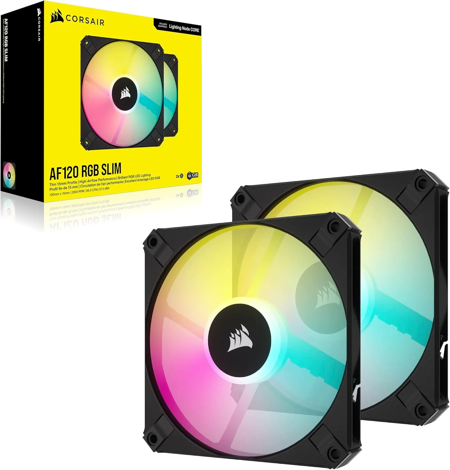 Corsair AF120 RGB Slim, 120mm PWM Fluid Dynamic Bearing Fan Kit - Thin Profile for Small-Form Cases - Low-Noise - Up to 2000 RPM - 8 Addressable RGB LEDs - Dual Pack with Lighting Node CORE - Black