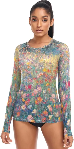 Cosmos Flower Field Women's UPF 50  Rash Guard with Long Sleeve Sun Protection Lightweight Swim Shirt for Hiking Gym Yoga Workout Large