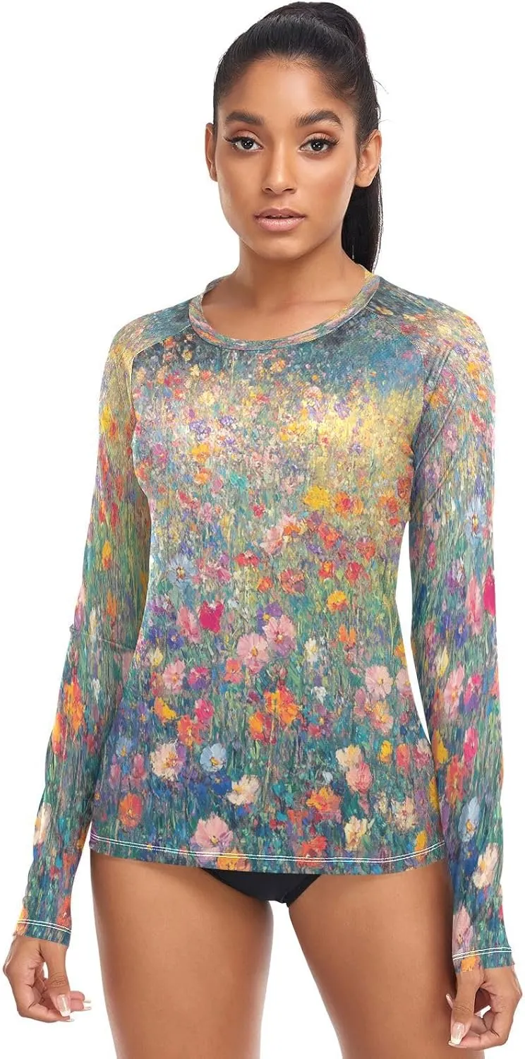 Cosmos Flower Field Women's UPF 50  Rash Guard with Long Sleeve Sun Protection Lightweight Swim Shirt for Hiking Gym Yoga Workout Large