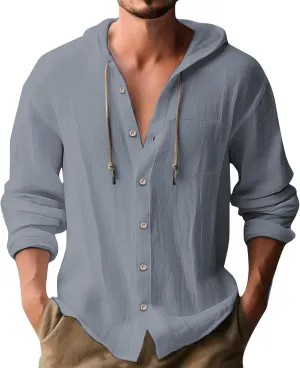 Cotton Linen Shirts for Men Drawstring Button Long Sleeve Tops with Hood Casual Breathable Summer Beach Hoodie