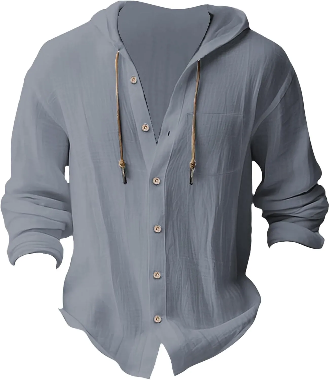 Cotton Linen Shirts for Men Drawstring Button Long Sleeve Tops with Hood Casual Breathable Summer Beach Hoodie