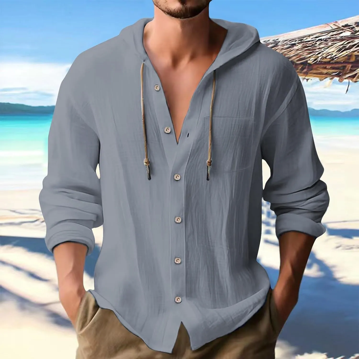 Cotton Linen Shirts for Men Drawstring Button Long Sleeve Tops with Hood Casual Breathable Summer Beach Hoodie