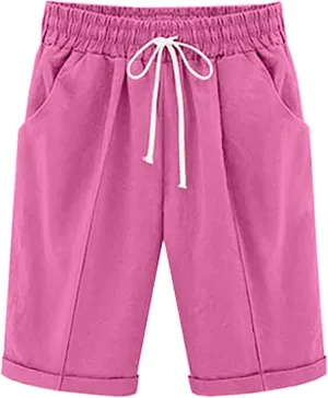 Cotton Linen Shorts for Womens Athletic Shorts Dressy Casual Beach Vacation Clothes Drawstring Workout Bermuda Shorts