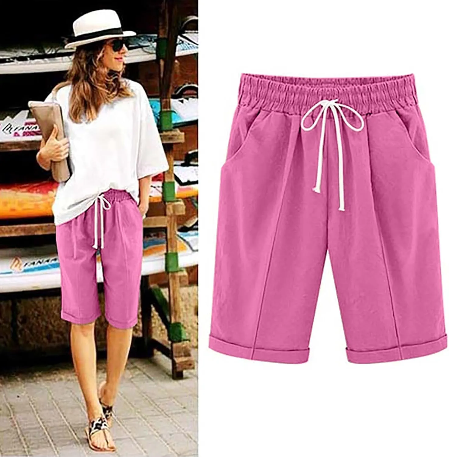 Cotton Linen Shorts for Womens Athletic Shorts Dressy Casual Beach Vacation Clothes Drawstring Workout Bermuda Shorts