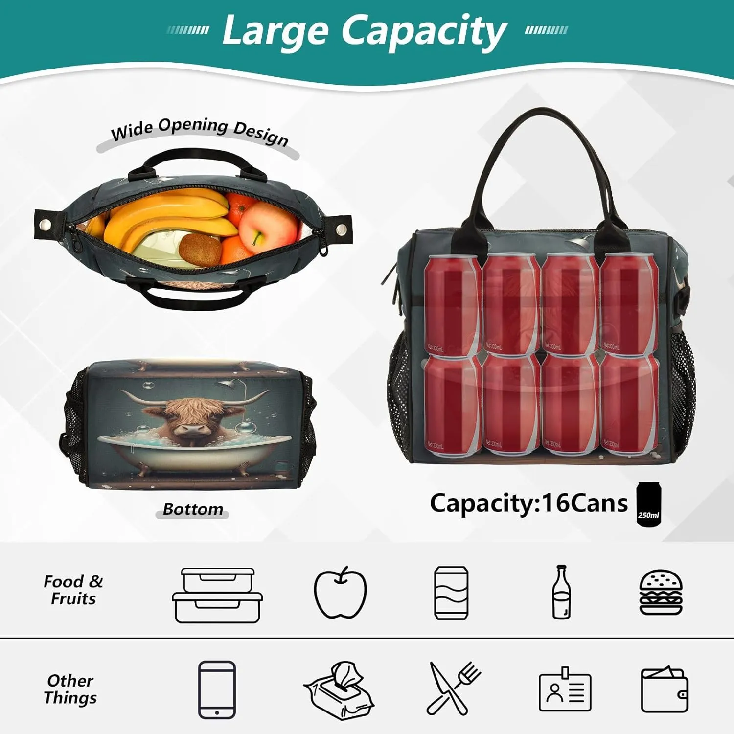 Cow Bath Teal Lunch Bag for Women Insulated Large Lunch Tote Bag with Adjustable Shoulder Strap for Men Picnic M