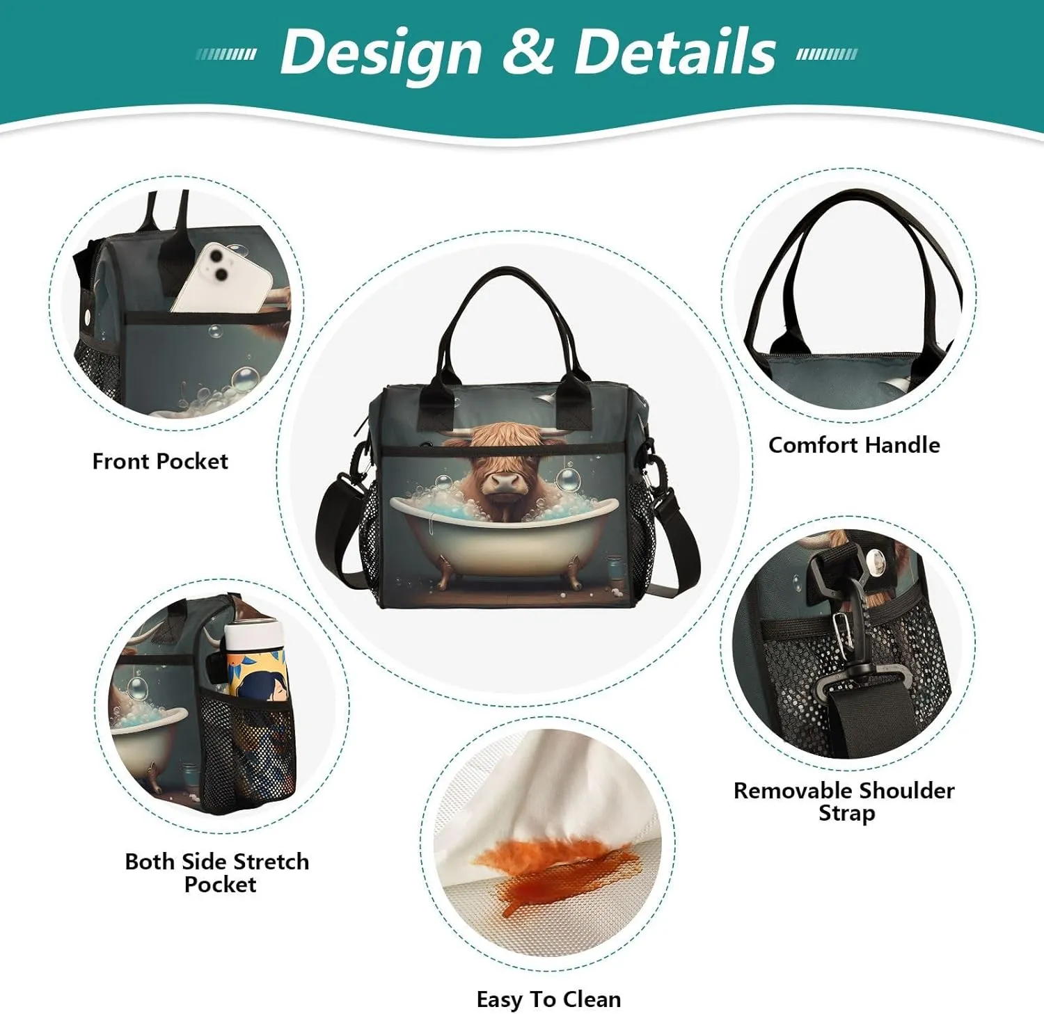Cow Bath Teal Lunch Bag for Women Insulated Large Lunch Tote Bag with Adjustable Shoulder Strap for Men Picnic M