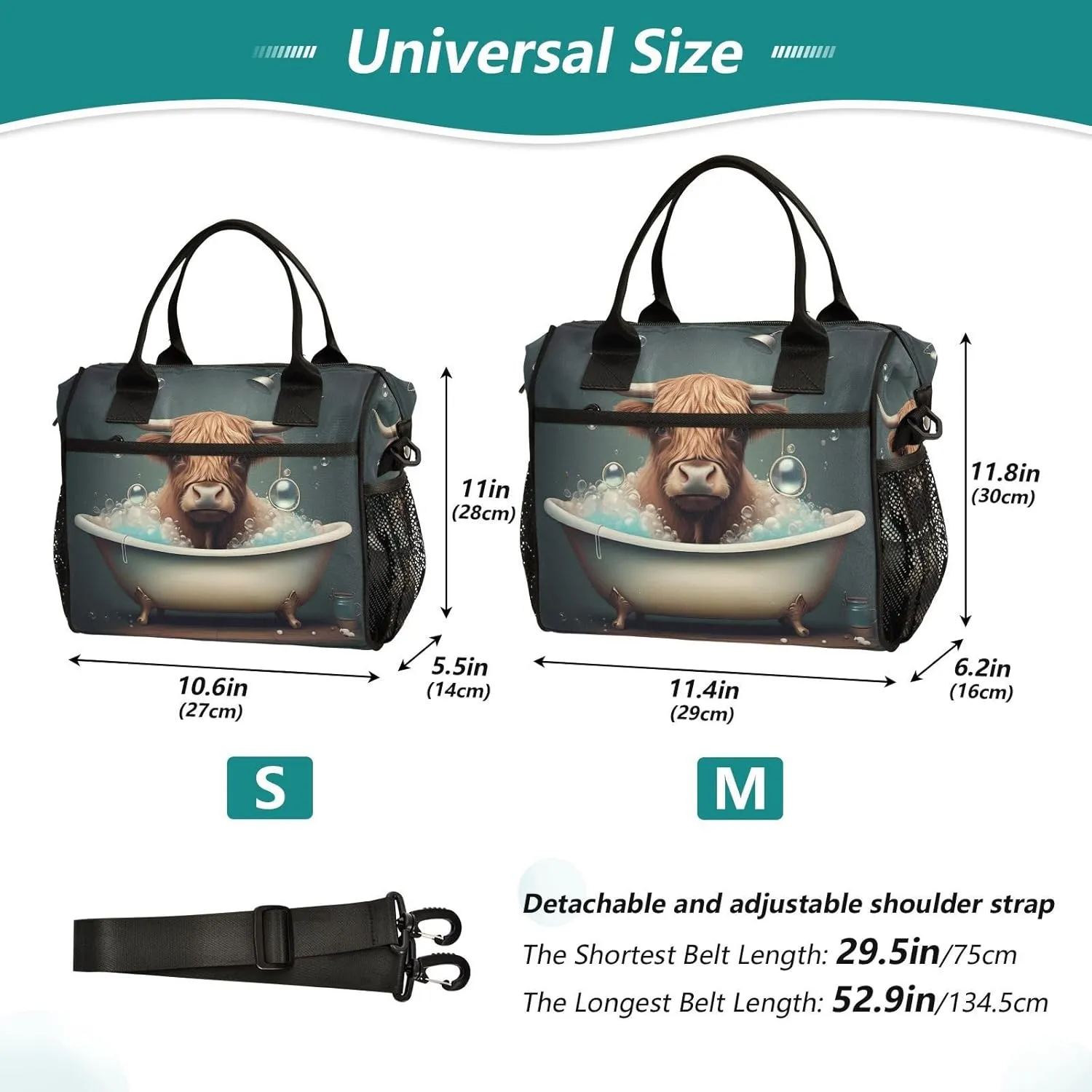 Cow Bath Teal Lunch Bag for Women Insulated Large Lunch Tote Bag with Adjustable Shoulder Strap for Men Picnic M