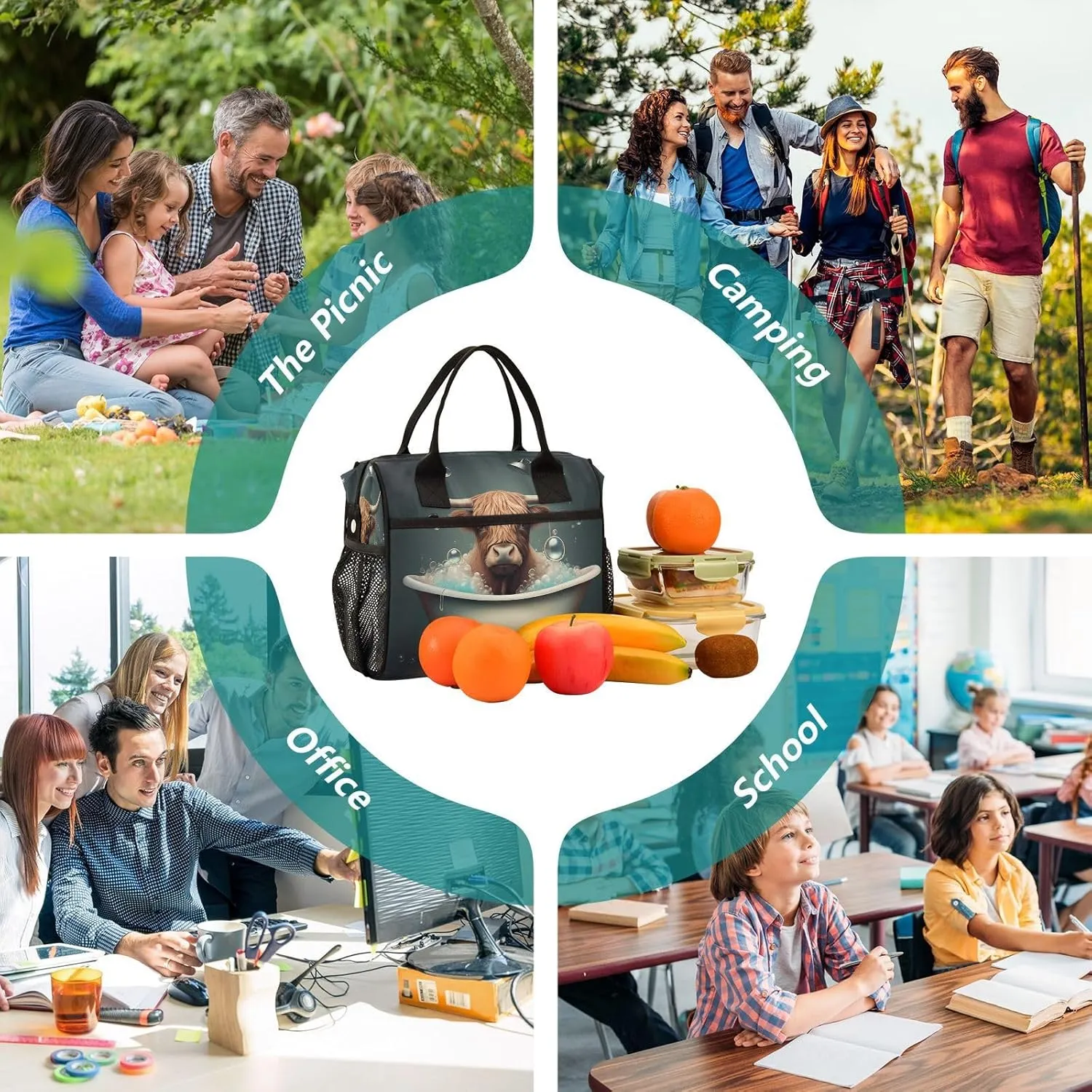Cow Bath Teal Lunch Bag for Women Insulated Large Lunch Tote Bag with Adjustable Shoulder Strap for Men Picnic M