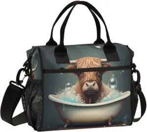 Cow Bath Teal Lunch Bag for Women Insulated Large Lunch Tote Bag with Adjustable Shoulder Strap for Men Picnic M