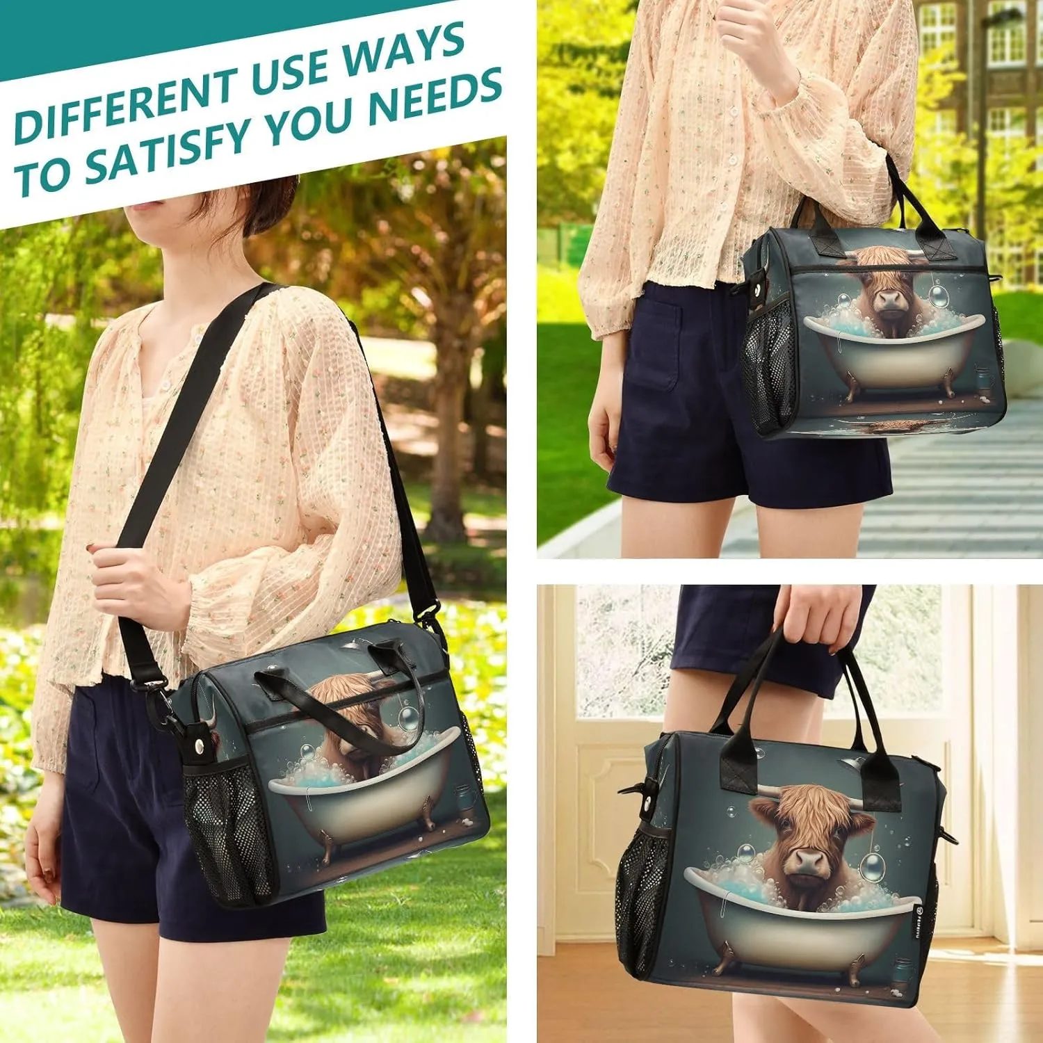 Cow Bath Teal Lunch Bag for Women Insulated Large Lunch Tote Bag with Adjustable Shoulder Strap for Men Picnic M