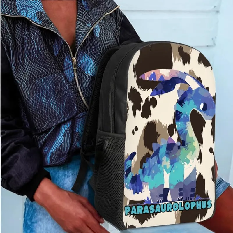 Cow Skin Parasaurolophus 3 Pcs Backpack Set for Back to School Bookbag Teen Boys Cow Texture Spot Dinosaur Shoulder School Bags Insulated Lunchbox with Pencil Case