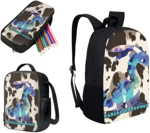 Cow Skin Parasaurolophus 3 Pcs Backpack Set for Back to School Bookbag Teen Boys Cow Texture Spot Dinosaur Shoulder School Bags Insulated Lunchbox with Pencil Case