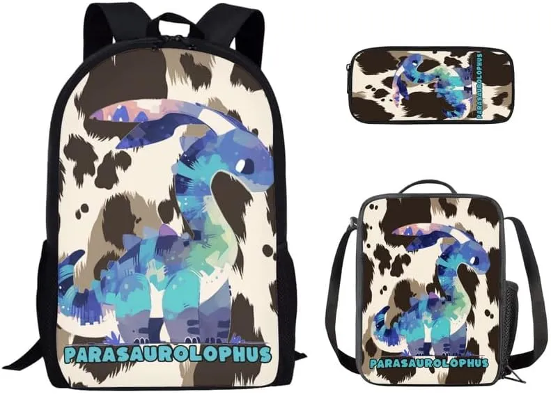 Cow Skin Parasaurolophus 3 Pcs Backpack Set for Back to School Bookbag Teen Boys Cow Texture Spot Dinosaur Shoulder School Bags Insulated Lunchbox with Pencil Case