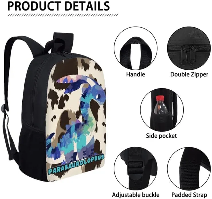 Cow Skin Parasaurolophus 3 Pcs Backpack Set for Back to School Bookbag Teen Boys Cow Texture Spot Dinosaur Shoulder School Bags Insulated Lunchbox with Pencil Case
