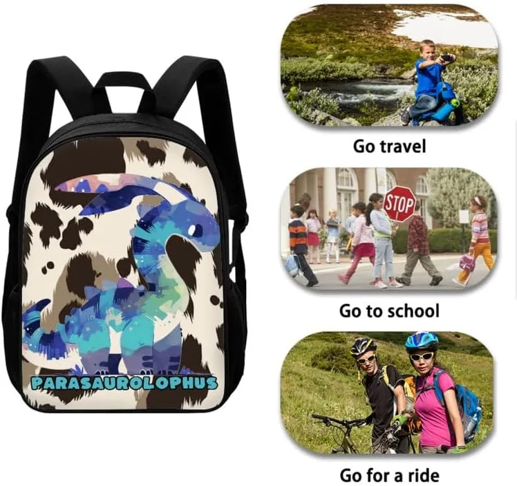 Cow Skin Parasaurolophus 3 Pcs Backpack Set for Back to School Bookbag Teen Boys Cow Texture Spot Dinosaur Shoulder School Bags Insulated Lunchbox with Pencil Case